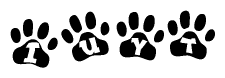 The image shows a row of animal paw prints, each containing a letter. The letters spell out the word Iuyt within the paw prints.