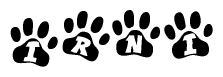 The image shows a series of animal paw prints arranged in a horizontal line. Each paw print contains a letter, and together they spell out the word Irni.