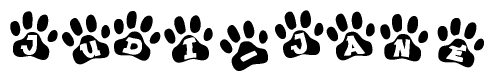 The image shows a series of animal paw prints arranged horizontally. Within each paw print, there's a letter; together they spell Judi-jane