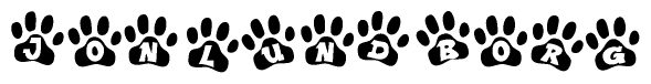 The image shows a series of animal paw prints arranged in a horizontal line. Each paw print contains a letter, and together they spell out the word Jonlundborg.