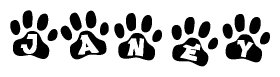 The image shows a row of animal paw prints, each containing a letter. The letters spell out the word Janey within the paw prints.