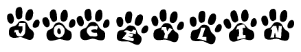 The image shows a row of animal paw prints, each containing a letter. The letters spell out the word Joceylin within the paw prints.