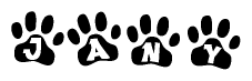 The image shows a row of animal paw prints, each containing a letter. The letters spell out the word Jany within the paw prints.