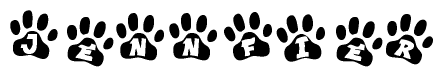The image shows a series of animal paw prints arranged in a horizontal line. Each paw print contains a letter, and together they spell out the word Jennfier.
