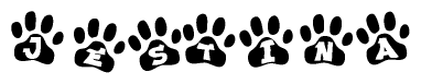The image shows a row of animal paw prints, each containing a letter. The letters spell out the word Jestina within the paw prints.