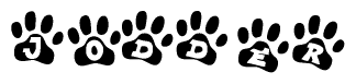 The image shows a series of animal paw prints arranged in a horizontal line. Each paw print contains a letter, and together they spell out the word Jodder.