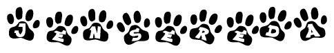 The image shows a series of animal paw prints arranged in a horizontal line. Each paw print contains a letter, and together they spell out the word Jensereda.