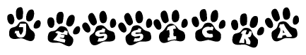 The image shows a series of animal paw prints arranged horizontally. Within each paw print, there's a letter; together they spell Jessicka