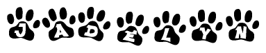 The image shows a series of animal paw prints arranged in a horizontal line. Each paw print contains a letter, and together they spell out the word Jadelyn.