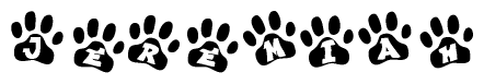 The image shows a series of animal paw prints arranged in a horizontal line. Each paw print contains a letter, and together they spell out the word Jeremiah.