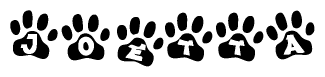 The image shows a series of animal paw prints arranged horizontally. Within each paw print, there's a letter; together they spell Joetta