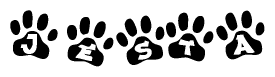 The image shows a series of animal paw prints arranged in a horizontal line. Each paw print contains a letter, and together they spell out the word Jesta.
