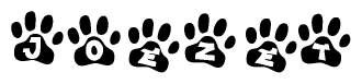 The image shows a row of animal paw prints, each containing a letter. The letters spell out the word Joezet within the paw prints.