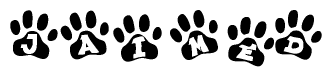 The image shows a series of animal paw prints arranged in a horizontal line. Each paw print contains a letter, and together they spell out the word Jaimed.