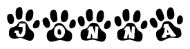 The image shows a series of animal paw prints arranged horizontally. Within each paw print, there's a letter; together they spell Jonna