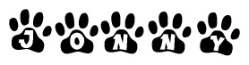 The image shows a row of animal paw prints, each containing a letter. The letters spell out the word Jonny within the paw prints.