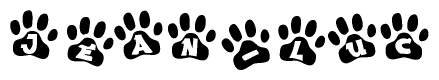 The image shows a series of animal paw prints arranged in a horizontal line. Each paw print contains a letter, and together they spell out the word Jean-luc.