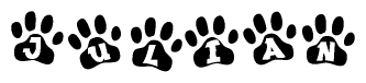 The image shows a row of animal paw prints, each containing a letter. The letters spell out the word Julian within the paw prints.