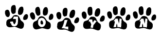 The image shows a row of animal paw prints, each containing a letter. The letters spell out the word Jolynn within the paw prints.