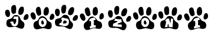 The image shows a series of animal paw prints arranged in a horizontal line. Each paw print contains a letter, and together they spell out the word Jodizoni.