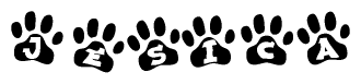 The image shows a series of animal paw prints arranged in a horizontal line. Each paw print contains a letter, and together they spell out the word Jesica.