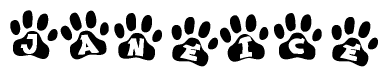 The image shows a series of animal paw prints arranged in a horizontal line. Each paw print contains a letter, and together they spell out the word Janeice.