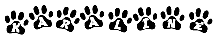 The image shows a row of animal paw prints, each containing a letter. The letters spell out the word Karaline within the paw prints.