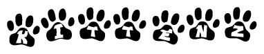 The image shows a series of animal paw prints arranged in a horizontal line. Each paw print contains a letter, and together they spell out the word Kittenz.