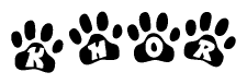 The image shows a series of animal paw prints arranged in a horizontal line. Each paw print contains a letter, and together they spell out the word Khor.