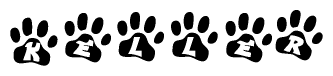 The image shows a series of animal paw prints arranged in a horizontal line. Each paw print contains a letter, and together they spell out the word Keller.