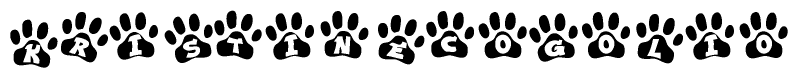 The image shows a series of animal paw prints arranged in a horizontal line. Each paw print contains a letter, and together they spell out the word Kristinecogolio.