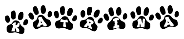 The image shows a series of animal paw prints arranged horizontally. Within each paw print, there's a letter; together they spell Katrina