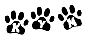 The image shows a row of animal paw prints, each containing a letter. The letters spell out the word Kym within the paw prints.