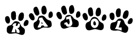 The image shows a series of animal paw prints arranged in a horizontal line. Each paw print contains a letter, and together they spell out the word Kajol.
