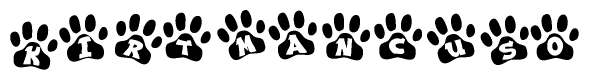 The image shows a series of animal paw prints arranged in a horizontal line. Each paw print contains a letter, and together they spell out the word Kirtmancuso.