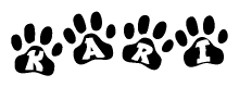 The image shows a series of animal paw prints arranged in a horizontal line. Each paw print contains a letter, and together they spell out the word Kari.
