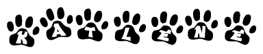 The image shows a series of animal paw prints arranged in a horizontal line. Each paw print contains a letter, and together they spell out the word Katlene.