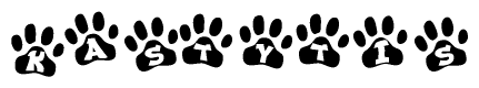 The image shows a series of animal paw prints arranged horizontally. Within each paw print, there's a letter; together they spell Kastytis