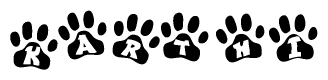 The image shows a series of animal paw prints arranged in a horizontal line. Each paw print contains a letter, and together they spell out the word Karthi.