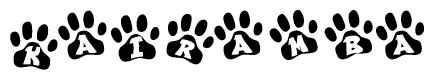 The image shows a series of animal paw prints arranged horizontally. Within each paw print, there's a letter; together they spell Kairamba