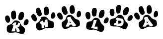 The image shows a series of animal paw prints arranged in a horizontal line. Each paw print contains a letter, and together they spell out the word Khalda.