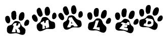 The image shows a series of animal paw prints arranged horizontally. Within each paw print, there's a letter; together they spell Khaled