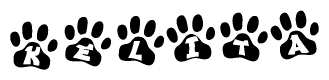 The image shows a row of animal paw prints, each containing a letter. The letters spell out the word Kelita within the paw prints.