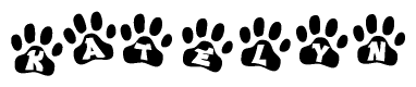 The image shows a row of animal paw prints, each containing a letter. The letters spell out the word Katelyn within the paw prints.