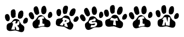 The image shows a series of animal paw prints arranged horizontally. Within each paw print, there's a letter; together they spell Kirstin