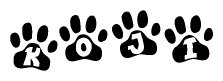 The image shows a series of animal paw prints arranged in a horizontal line. Each paw print contains a letter, and together they spell out the word Koji.