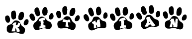 The image shows a series of animal paw prints arranged in a horizontal line. Each paw print contains a letter, and together they spell out the word Kithian.