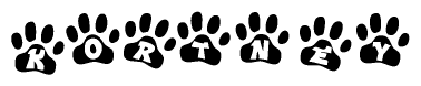 The image shows a series of animal paw prints arranged horizontally. Within each paw print, there's a letter; together they spell Kortney