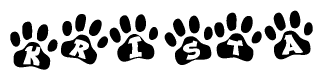 The image shows a series of animal paw prints arranged in a horizontal line. Each paw print contains a letter, and together they spell out the word Krista.