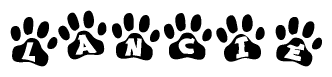 The image shows a series of animal paw prints arranged in a horizontal line. Each paw print contains a letter, and together they spell out the word Lancie.